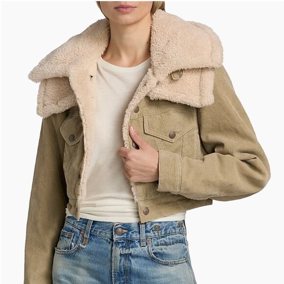 NWT R13 Crop Trucker Jacket Stone Pinwale Cord Corduroy & Faux-Sherpa - Picture 4 of 13